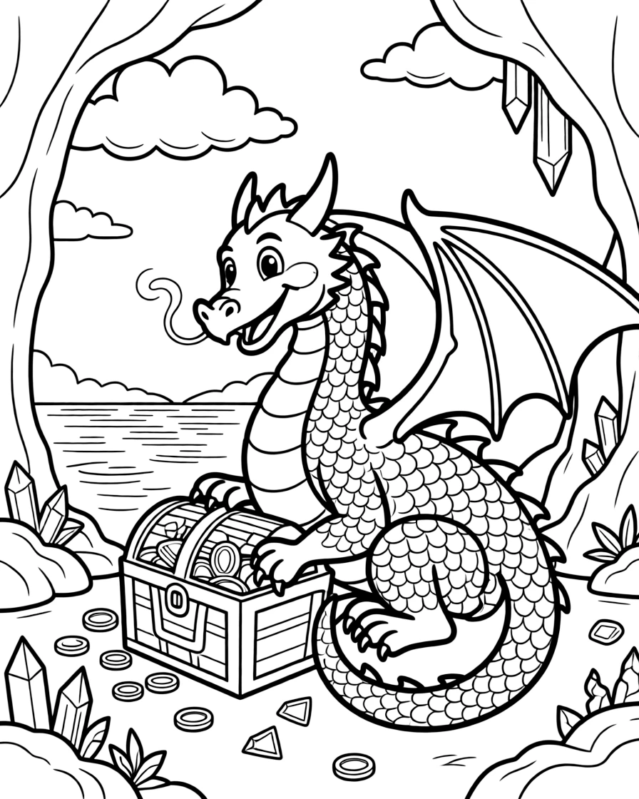 [Dragons] a majestic winged dragon curling around a treasure chest over a glittering lake, grinning with excitement, while sparkling gems are scattered across the cave floor fills the surrounding area. Wisps of smoke curl gently from its nostrils. Set in the late afternoon, with fluffy clouds drifting overhead, the page bursts with adventure and imagination.