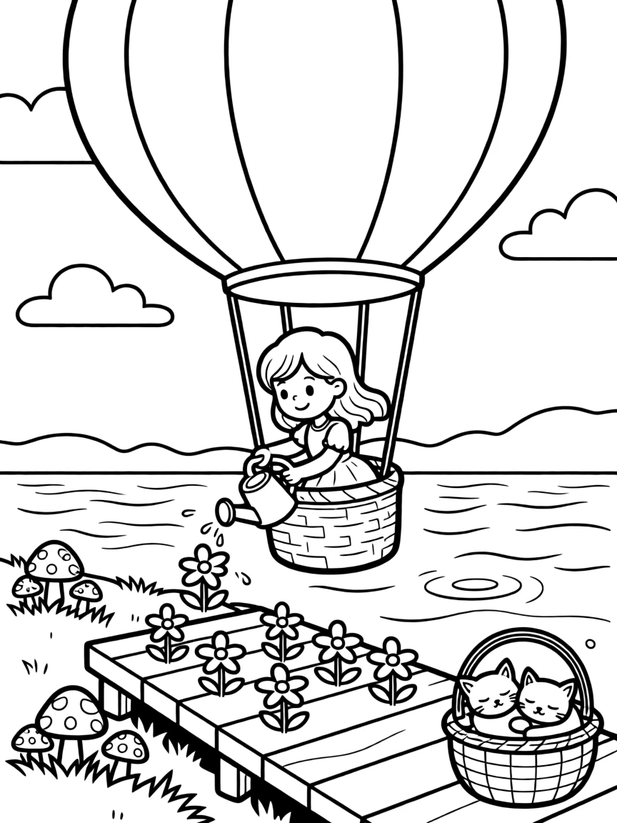 A girl riding in the basket of a hot air balloon is watering rows of flowers with a tiny watering can on a wooden dock by a calm lake. Nearby, tiny mushrooms with spotted caps peeking through the grass and a basket of sleepy kittens curled together bring the scene to life.