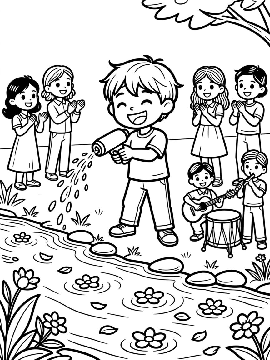 A grinning child admiring a water gun filled with bright pink water along a riverbank crowded with cheerful onlookers, near floating flower petals on the water and musicians playing near the water's edge.