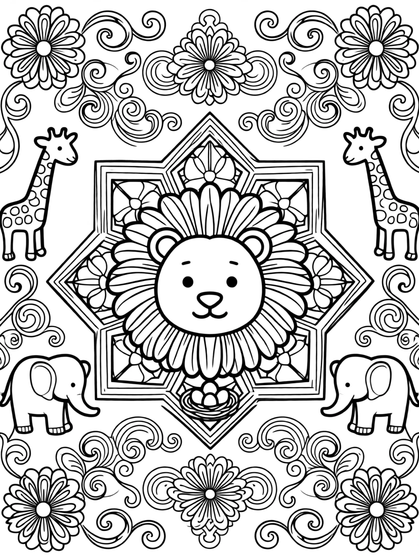 Zoo & Safari Animals: The page presents a small themed scene built around a lion with a full round mane, tied together by a hexagon-based mandala built from six matching wedges. The scene is arranged in a mirrored scene, with matching elements balanced on the left and right halves of the page. Decorative details fill the surrounding space, including layered flower rosettes, swirling vine tendrils, and rows of curling wave shapes woven throughout the background. A playful extra touch completes the page: a tiny nest holding three small eggs tucked into the pattern.