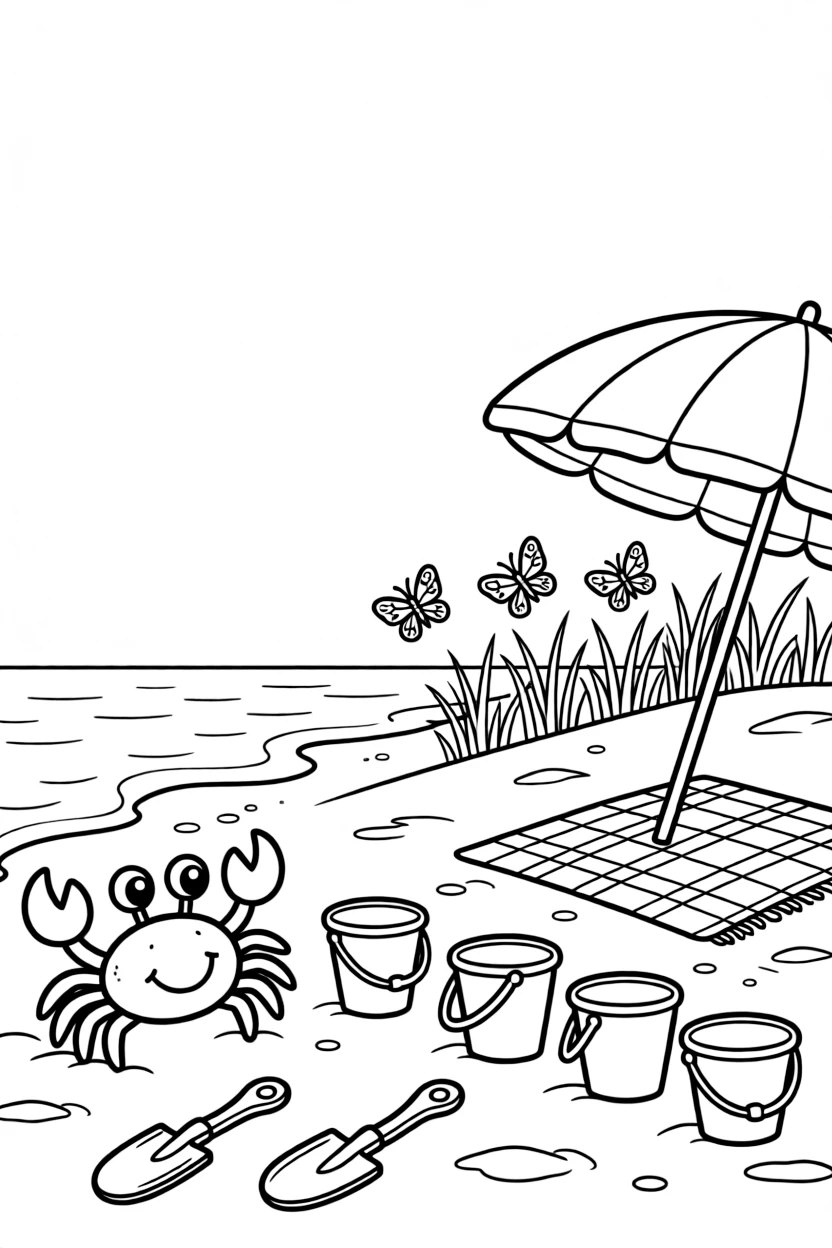 [Sandy Beaches] A friendly crab scuttles sideways across the sand, dodging a row of colorful beach buckets. Butterflies drift over beach grass growing along the edge of the dunes. A striped beach umbrella and a woven picnic blanket sit near a row of overturned buckets and shovels. Soft morning light glows over the calm sea as the first footprints appear in the sand.