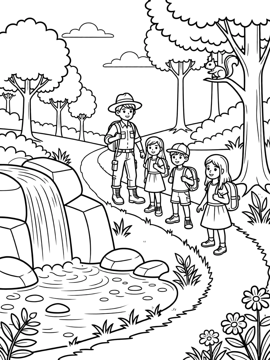 A park ranger leads a group of hikers past a waterfall on a forest trail.