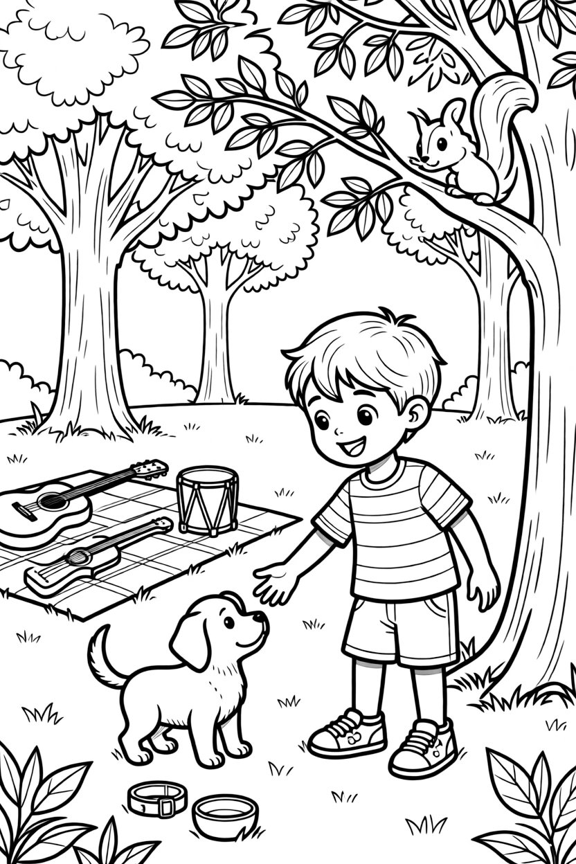 A boy in a striped shirt picking out a new puppy to adopt at a concert in the park while a squirrel peeks from a branch.