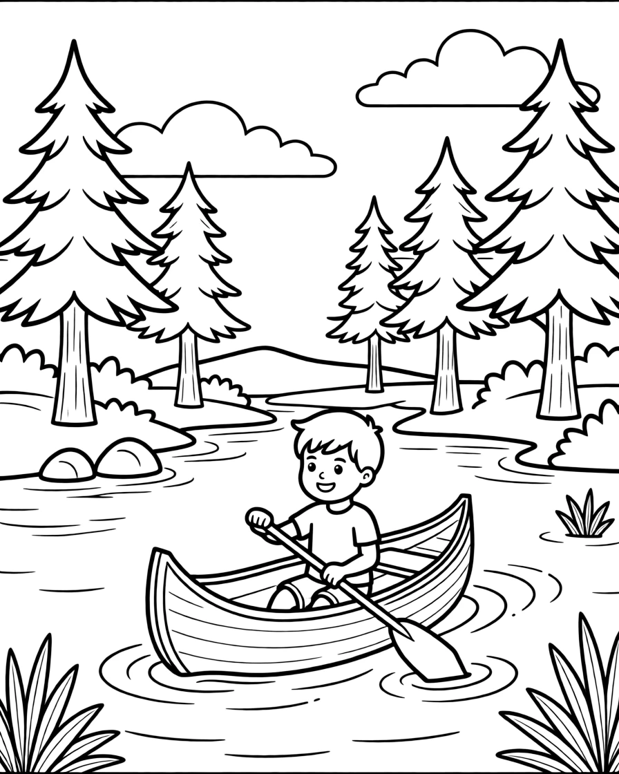 A cheerful young boy, paddling a wooden canoe across a still lake surrounded by pine trees.