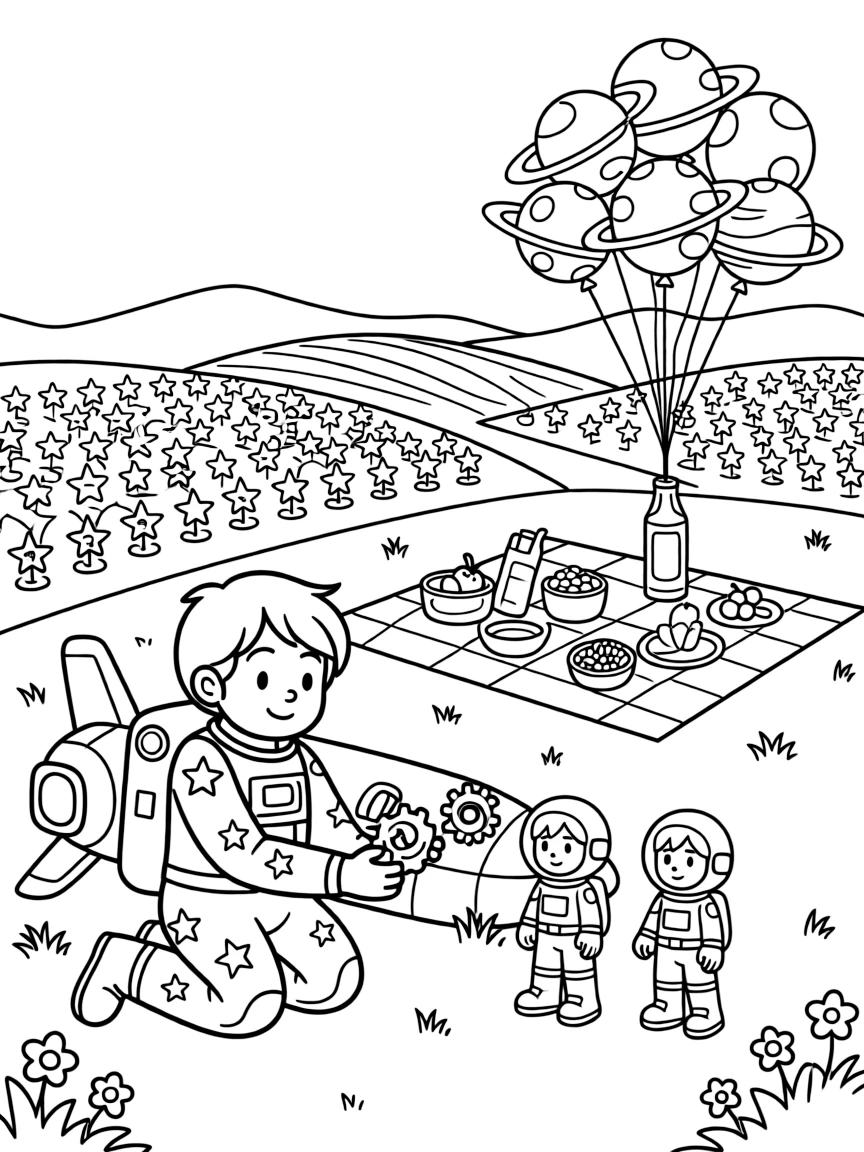 Space Ranger Echo, a young space explorer in a starry spacesuit helping a stranded spaceship crew fix their engine with spare parts, in a peaceful farming colony with fields of star-shaped crops, with a picnic blanket spread with snacks under the stars and a cluster of balloons shaped like planets nearby.
