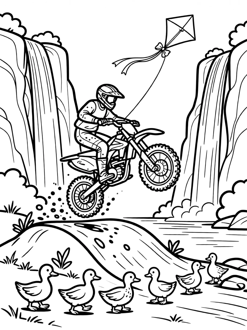 This coloring page shows a mud-splattered motocross dirt bike catching air off a jump making its way across a national park with towering waterfalls and rocky cliffs, accompanied by a family of ducks waddling alongside, while a kite dancing in the breeze above adds extra charm to the scene.