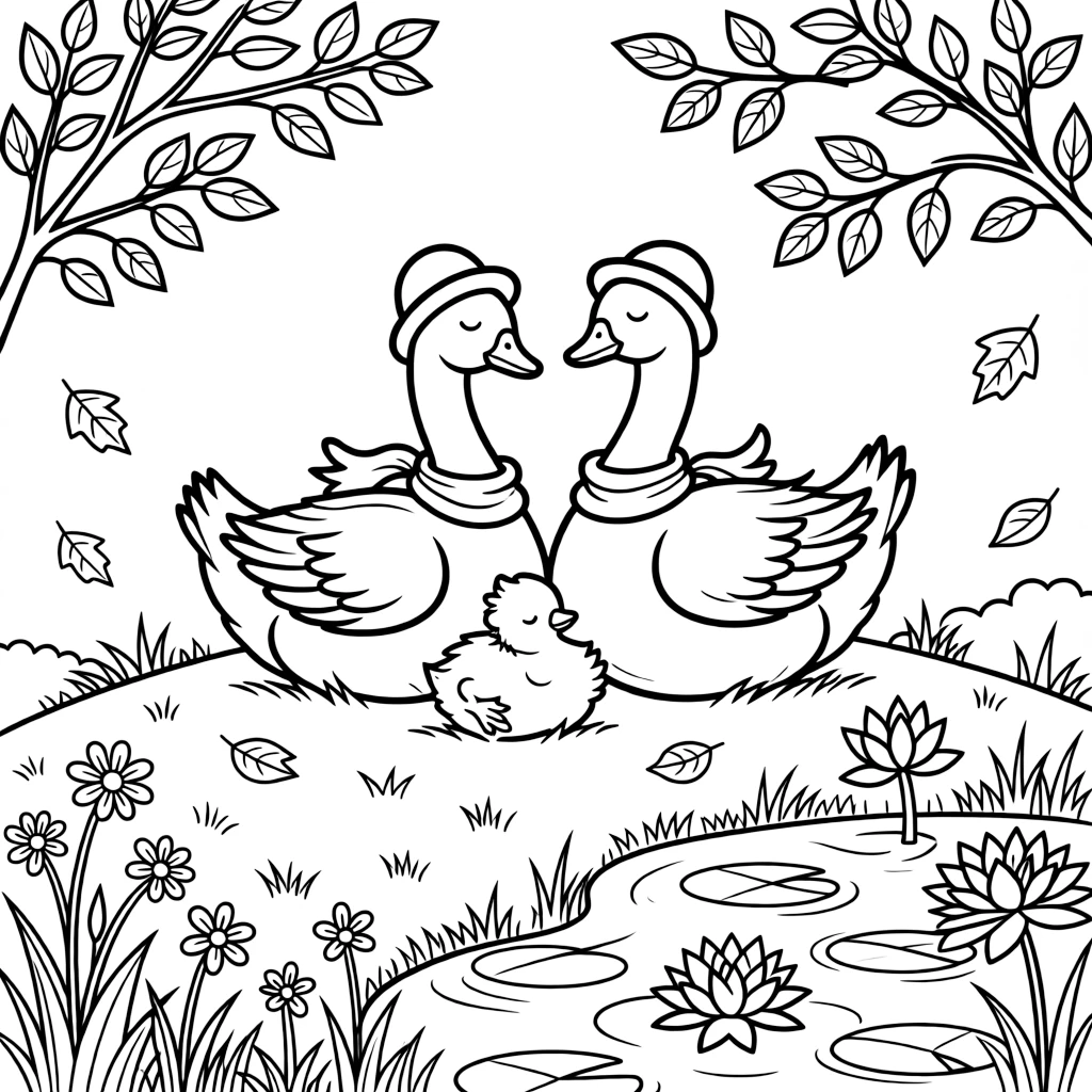 A goose family on a mountaintop meadow, napping in a sunbeam next to a chick, next to a lily pad pond, as autumn leaves swirl in the wind.