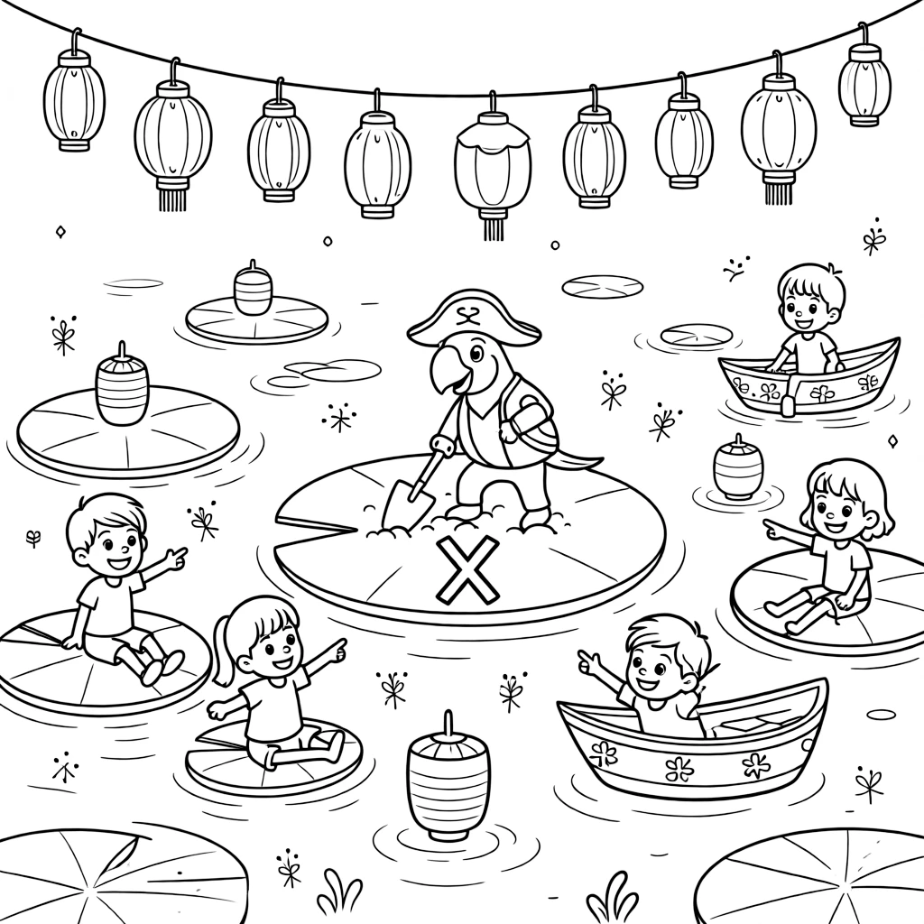 On a lily pad lake dotted with floating lanterns, a pint-sized parrot pirate first mate is busy digging for buried treasure marked with an X, cheered on by a string of lanterns swaying gently overhead and twinkling fireflies lighting up the path. The whole neighborhood has come out to join the fun.