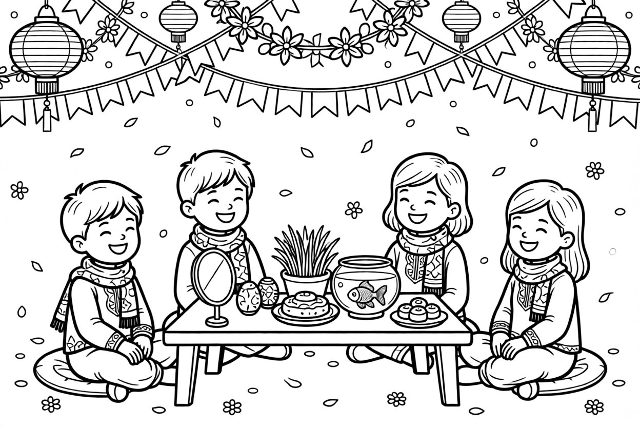 A coloring page capturing a joyful festival moment in Iran: the Nowruz spring celebration with a table set with symbolic New Year items, surrounded by smiling children, decorations, and confetti in the air.