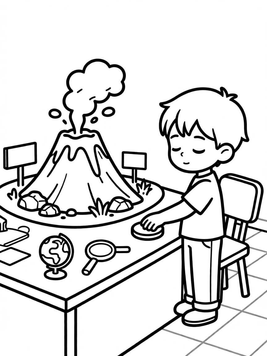 a sleepy little boy presses a button to make a model volcano light up in a science center display.