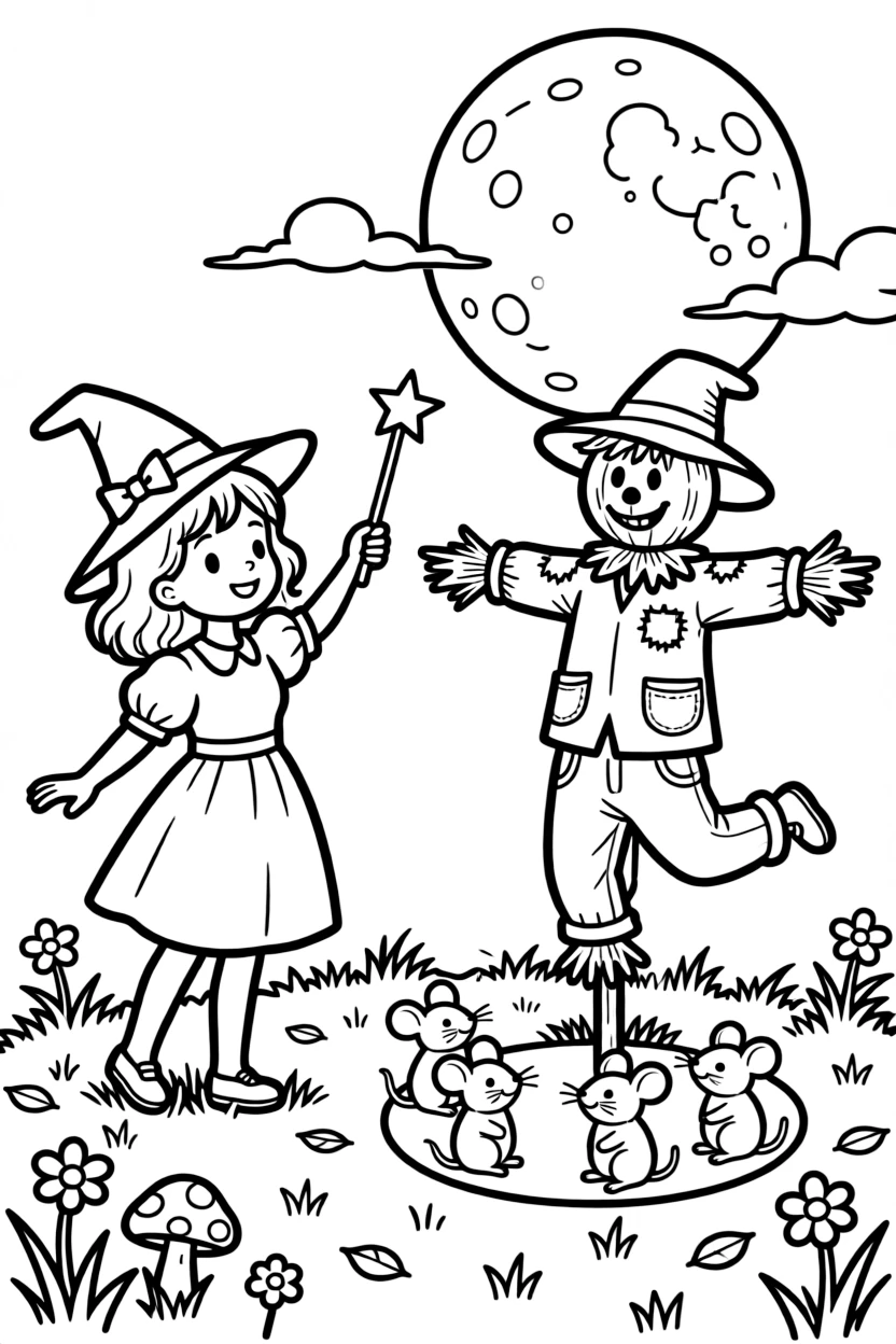A young witch enchants her scarecrow to dance in the moonlight, delighting a circle of watching field mice.