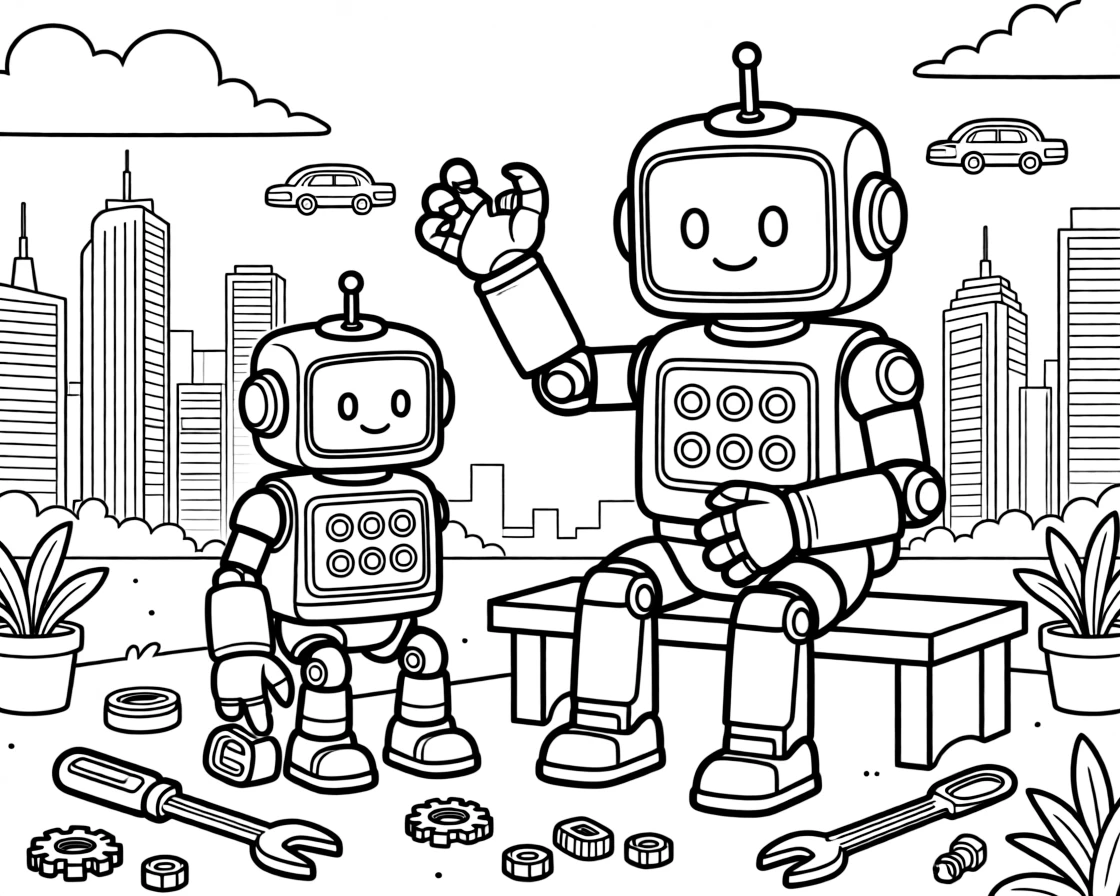 [Robots] a robot with clawed hands building a small robot friend in a futuristic city. In the background, tools and spare parts are scattered nearby, adding extra fun to explore. Glowing buttons line its chest panel. It all happens at high noon, with fluffy clouds drifting overhead.
