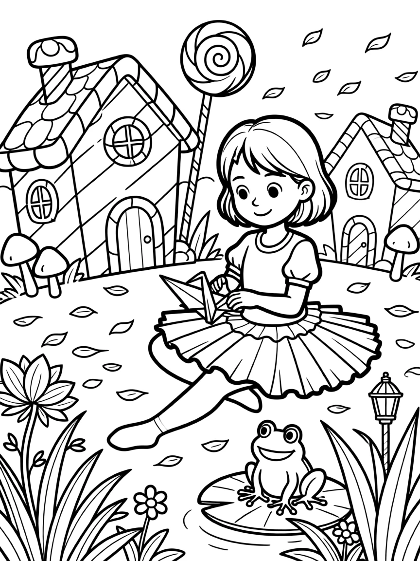 A girl in a twirly tutu is folding an origami crane inside a candy-colored fairy village. scattered flower petals drifting in the breeze and a friendly frog perched on a lily pad add a playful, cheerful touch.