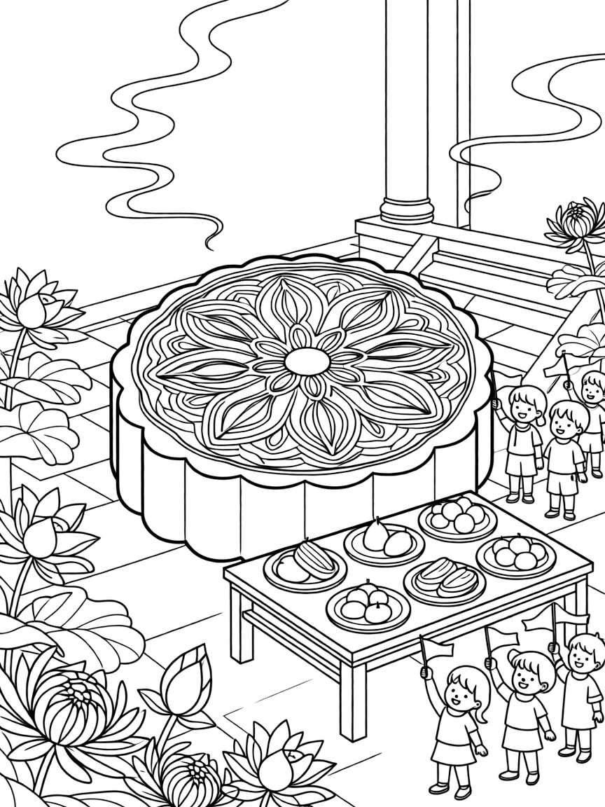 A round mooncake decorated with intricate patterns in a temple courtyard filled with flowers and incense smoke, with children waving small flags and a table set with special holiday dishes nearby.