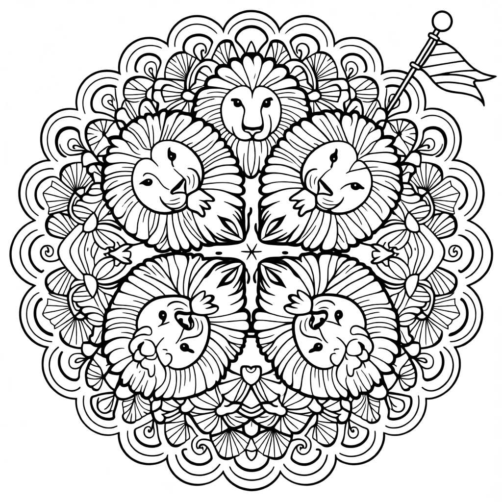 Zoo & Safari Animals: The design turns a lion with a full round mane into a kaleidoscope-style composition anchored by a scalloped wreath mandala with rounded overlapping arcs. The imagery is reflected six times around a central point, so each wedge of the page mirrors the one beside it. Decorative details fill the surrounding space, including loops shaped like small bows, tightly coiled spiral shells, and fan-shaped feather clusters woven throughout the background. A playful extra touch completes the page: a small flag on a stick poking out from one side of the pattern.
