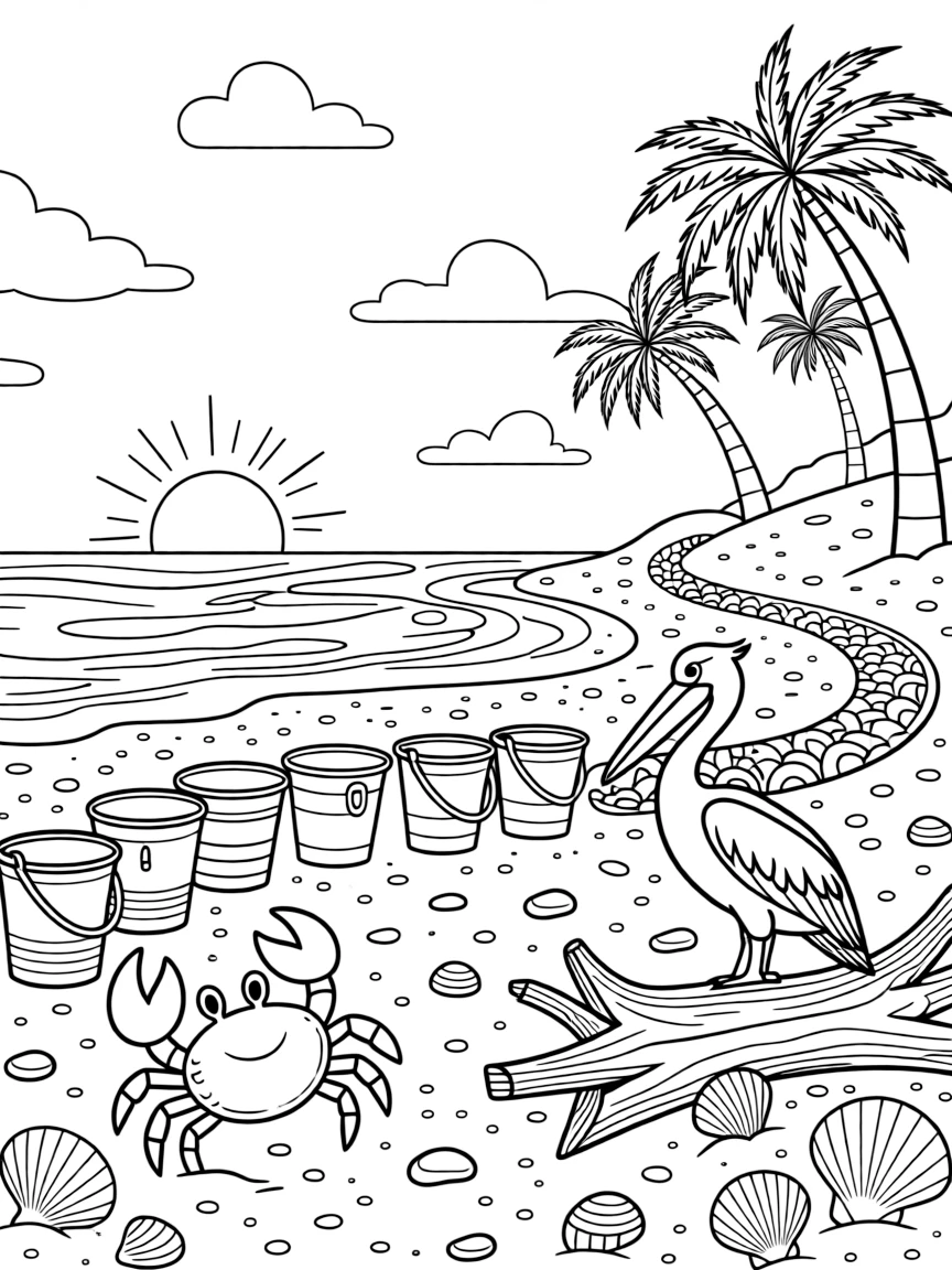 [Sandy Beaches] A friendly crab scuttles sideways across the sand, dodging a row of colorful beach buckets. A pelican perches on a weathered piece of driftwood near a cluster of seashells. Palm trees lean over the dunes near a winding path of scattered seashells. The sun sparkles across the gentle waves beneath a sky dotted with fluffy clouds.