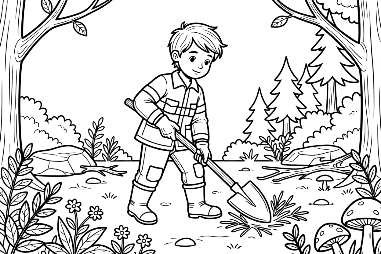 A forest firefighter clears brush with a shovel to stop a wildfire from spreading.