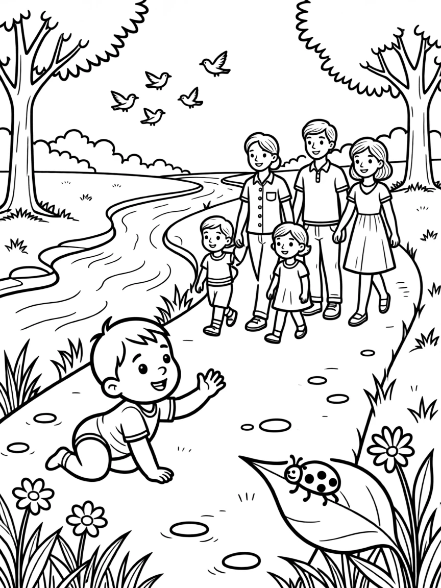 A crawling baby waving at birds with a blended family along a riverside path as a ladybug crawls on a leaf.