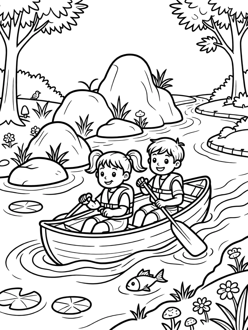 A determined girl with pigtails, working together with a partner to steer the canoe around a rocky point.
