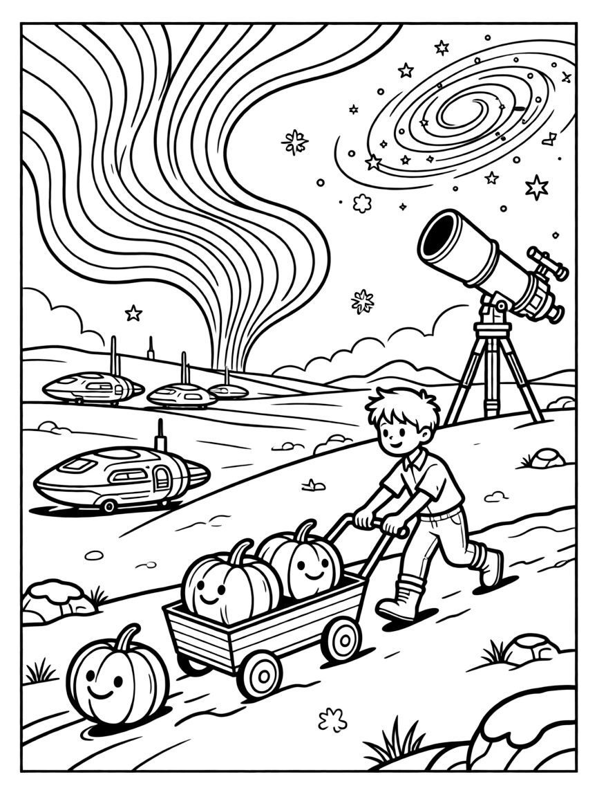 Inventor kid Photon testing a sound-wave slingshot steering a runaway wagon of space pumpkins down a hill near a snow-covered tundra planet with auroras dancing overhead, surrounded by a row of docked spaceships gleaming in the light and a giant telescope pointed at a swirling galaxy.