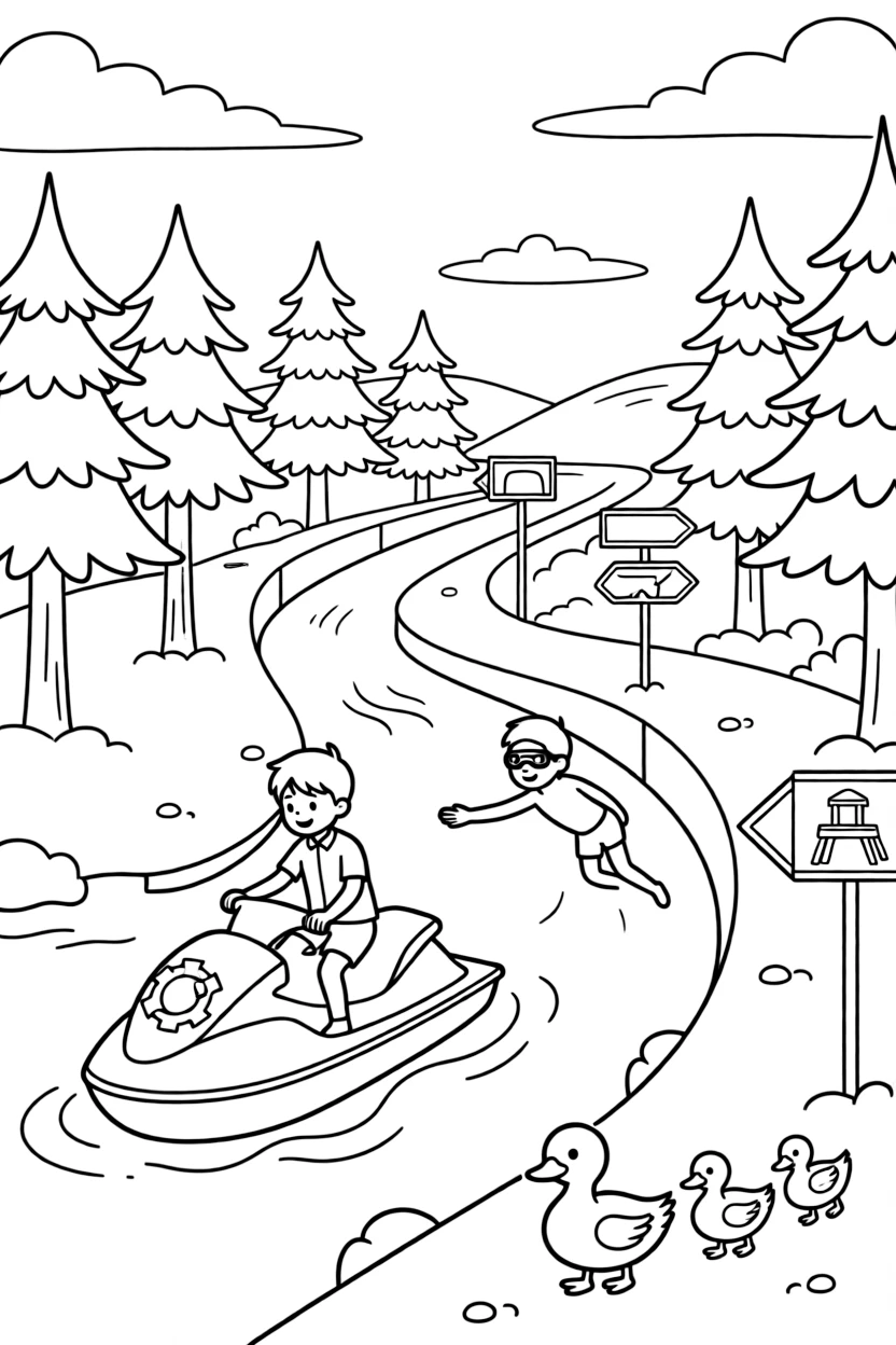 A lifeguard jet ski racing toward a swimmer is shown journeying through a snowy mountain pass with pine trees dusted in white, with a family of ducks waddling alongside close by and road signs pointing toward fun destinations completing the lively scene.