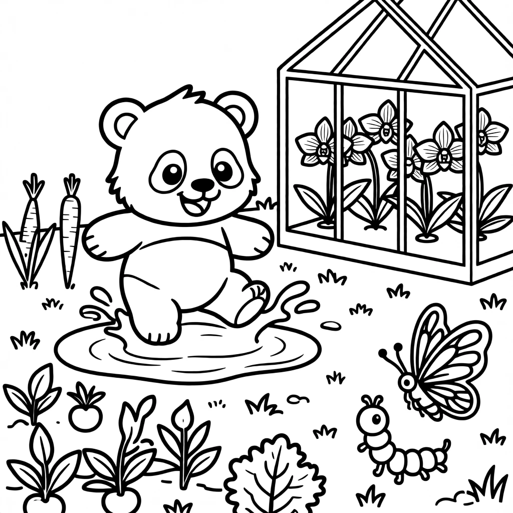A panda cub in a backyard vegetable garden, splashing happily in a puddle with a caterpillar turning into a butterfly, next to a orchid greenhouse.