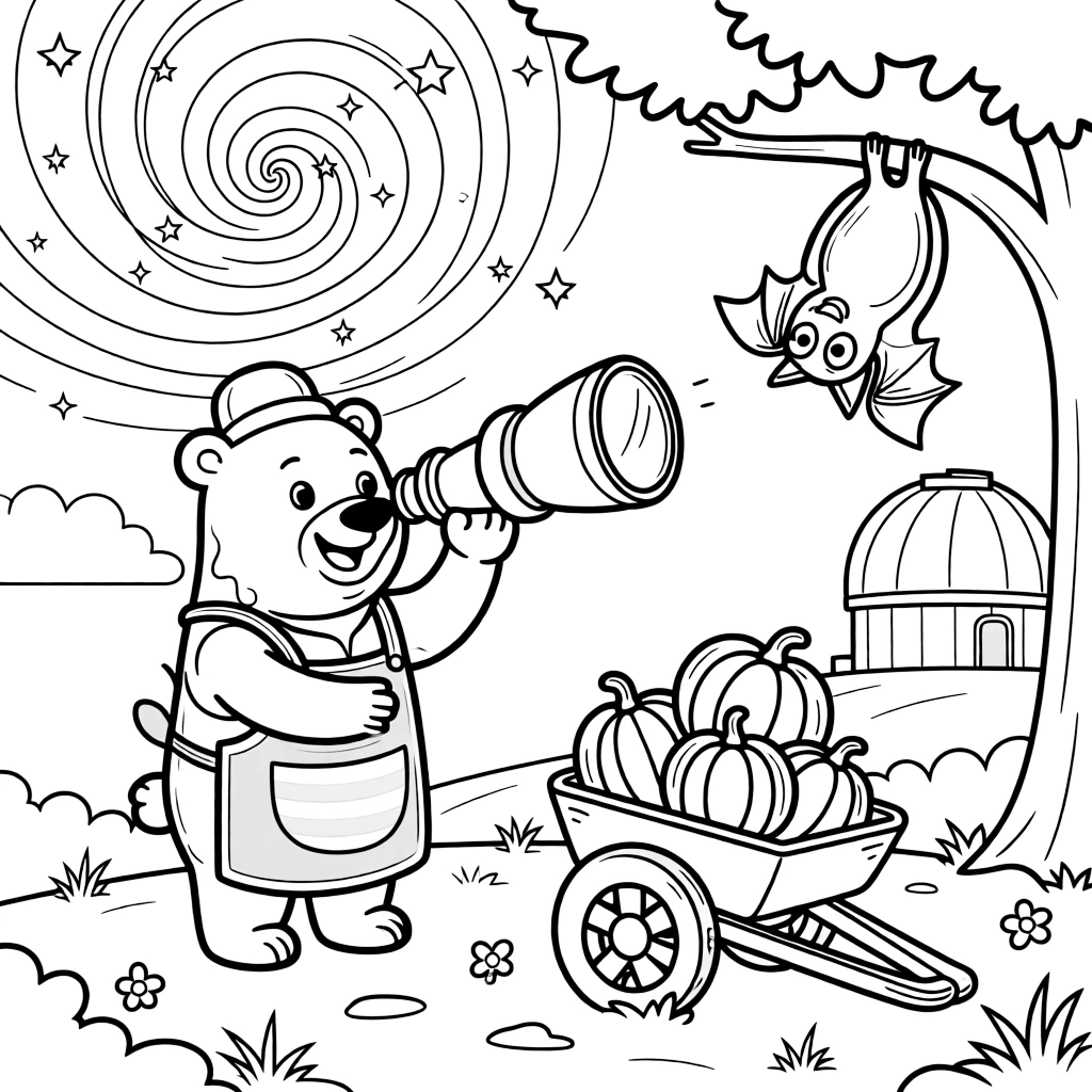 At a mountaintop observatory under a swirl of stars, a sparkly polar bear ice cream vendor is busy stargazing through a giant telescope, cheered on by a friendly bat hanging upside down nearby and a wheelbarrow full of freshly picked pumpkins. Everyone is laughing and having the best time.