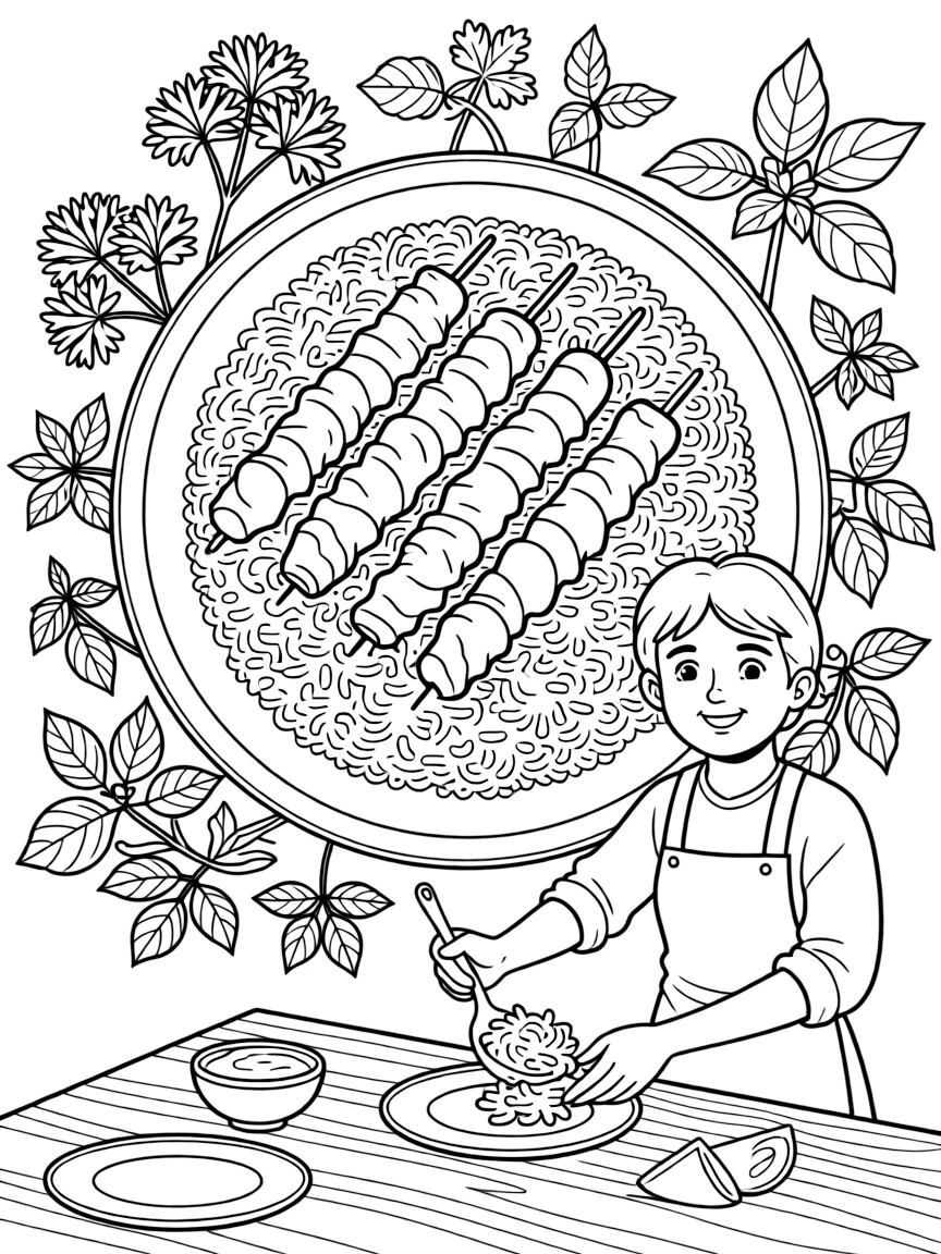 A coloring page showing a delicious spread from Iran: a plate of saffron rice with kebabs and fresh herbs, set out on a table with a friendly family member serving portions.
