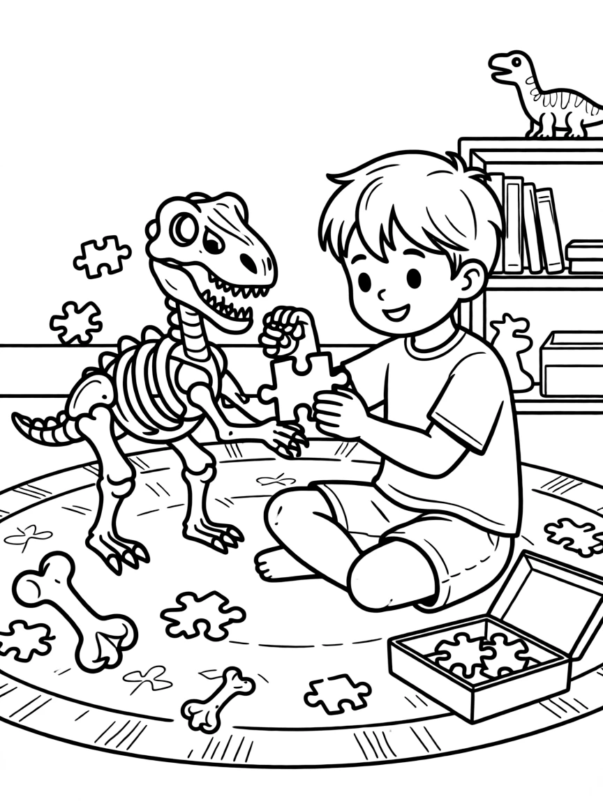 a gentle little boy assembles a dinosaur skeleton puzzle piece by piece on the floor.