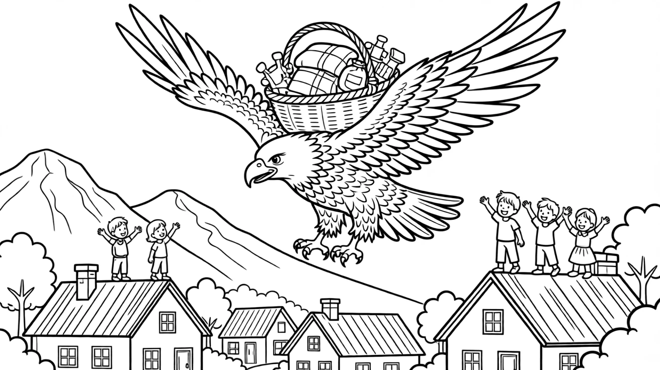 A giant eagle carries a basket of supplies to a remote mountain village, children waving excitedly from rooftops below.