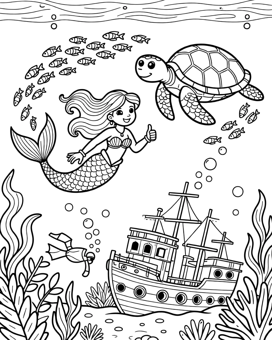 [Underwater Adventures] A dynamic scene shows a mermaid swimming among the fish swimming alongside a friendly sea turtle near a sunken shipwreck, giving a confident thumbs-up. Close by, schools of bright fish swirl nearby. Bubbles trail upward from the diver's gear. The moment unfolds at sunset, with a light drizzle just ending, filled with energetic detail perfect for a young colorist.