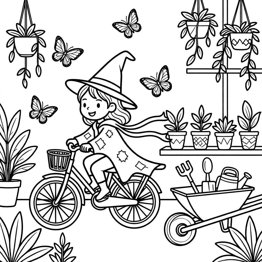 A young witch in a pointy hat and patched cloak is riding a bicycle decorated with streamers on the handlebars in a butterfly conservatory full of fluttering wings. Just beyond, a wheelbarrow filled with garden tools and a row of potted plants along a windowsill add a playful, cheerful touch.