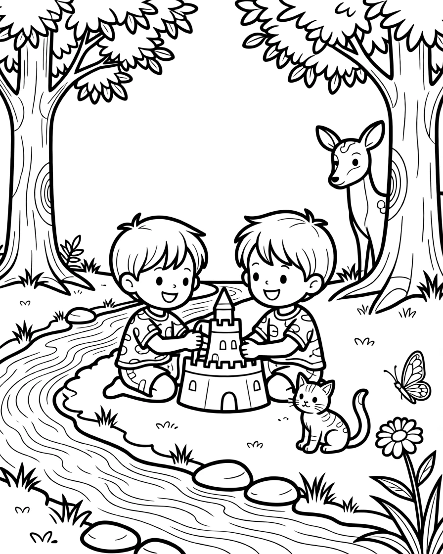 Children building a sandcastle beside gentle waves beside a babbling brook surrounded by tall trees, while a curious kitten looks on nearby, a butterfly resting on a wildflower and a curious deer peeking from the trees completing the scene.