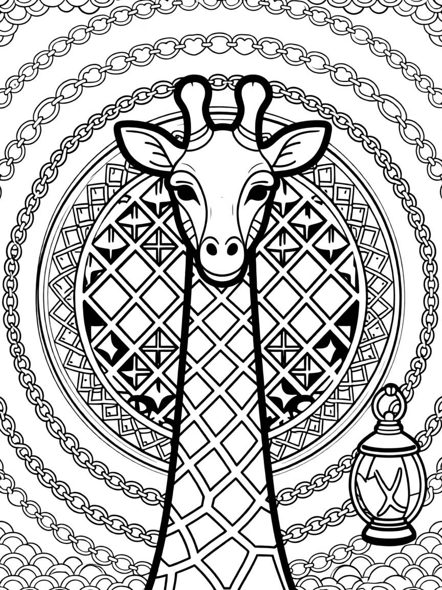 Zoo & Safari Animals: The main subject is a giraffe with a long patterned neck, drawn as the focal point of a diamond lattice mandala crossing over itself in a grid. It is placed dead center, with the surrounding rings mirrored perfectly across every direction. Decorative details fill the surrounding space, including a chain of linked heart shapes, overlapping fish-scale textures, and interlocking circle chains woven throughout the background. A playful extra touch completes the page: a little lantern glowing softly in one corner of the pattern.