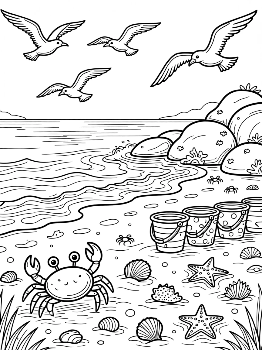[Sandy Beaches] A friendly crab scuttles sideways across the sand, dodging a row of colorful beach buckets. Seagulls circle overhead while starfish and shells are scattered across the wet sand. Rolling waves crash near a cluster of smooth rocks dotted with barnacles and tide pools. Soft morning light glows over the calm sea as the first footprints appear in the sand.