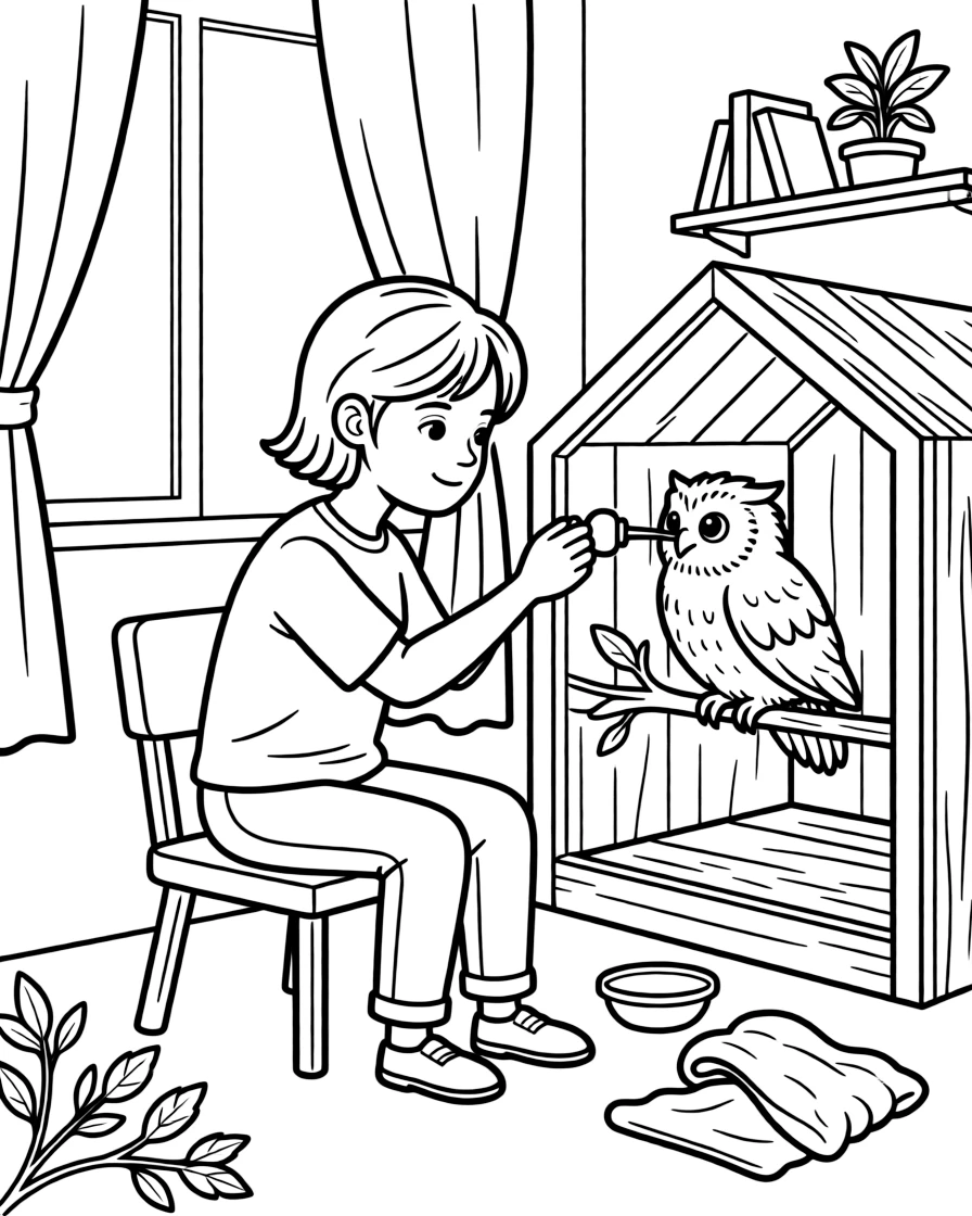 A wildlife rehabilitator feeds a baby owl with a tiny dropper in a rescue center.