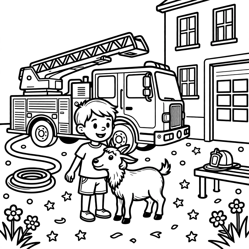 A little boy petting a friendly goat at a fire station open house with confetti scattered on the ground.