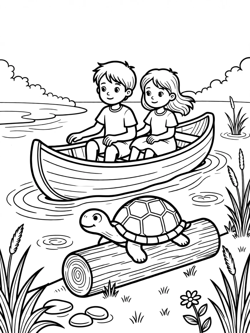 A pair of best friends, spotting a turtle sunning on a log while gliding quietly past in a canoe.