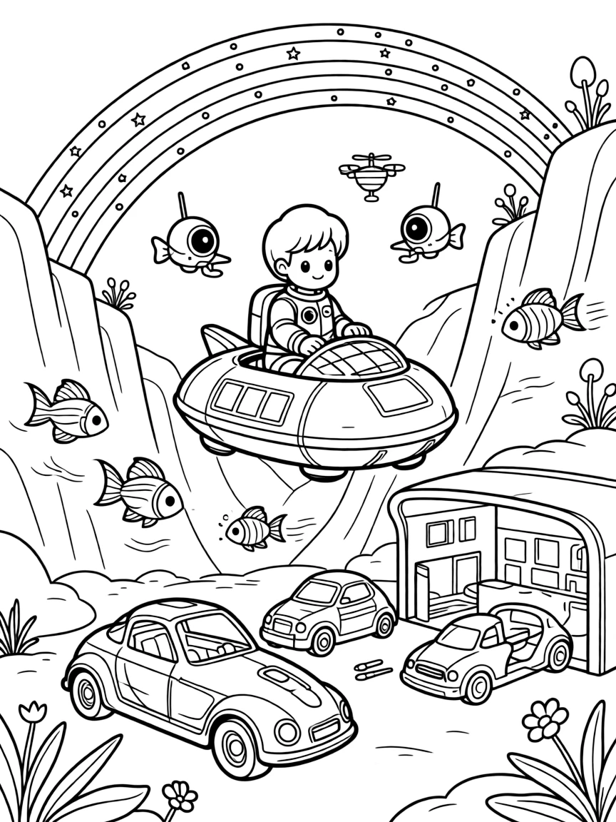 Xandi, a tiny alien explorer riding a floating pod harvesting solar energy crystals with a floating drone crew near a workshop garage filled with half-finished hovercars, surrounded by a school of glowing space fish swimming through the air and a rainbow bridge arching over a canyon.