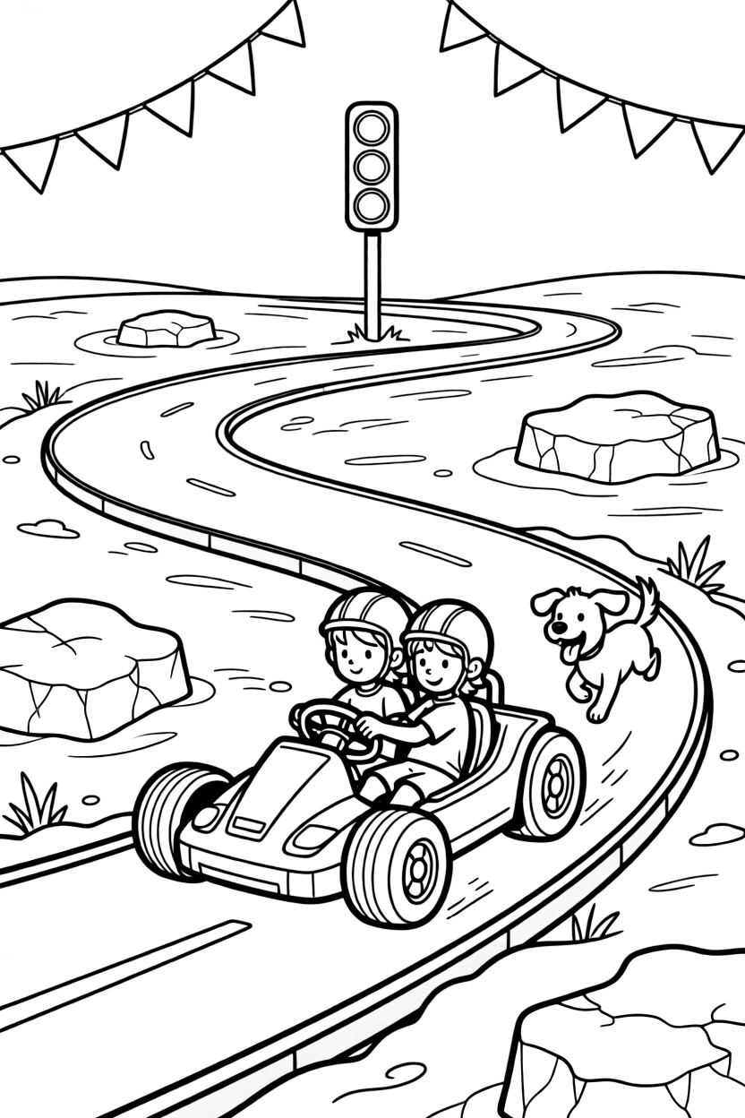 This page centers on a two-seat go-kart zooming around a curvy track exploring an icy arctic field with drifting chunks of blue-white ice, featuring an excited puppy chasing along the road and little extras like a string of triangle pennant flags overhead and a signal light blinking cheerfully.