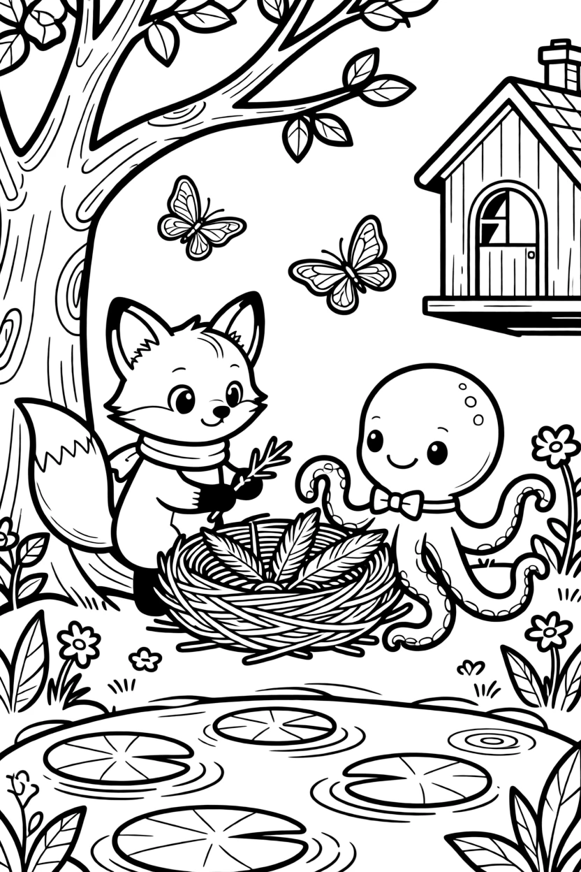 A tiny fox kit building a tiny nest together with a friendly octopus in a treehouse among the branches, near a lily pad pond, surrounded by fluttering butterflies.