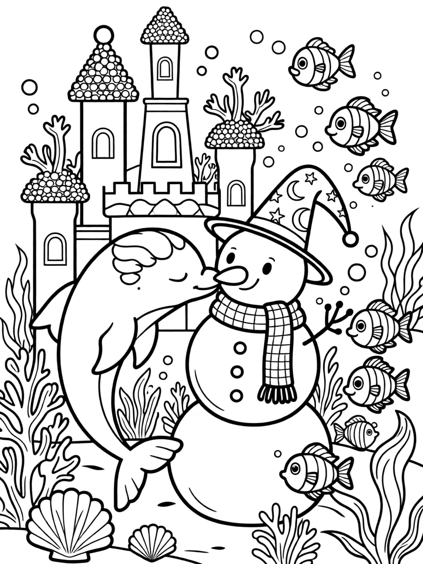 In an underwater castle built from coral and pearls, a sleepy dolphin acrobat discovers the joy of building a snowman wearing a wizard's hat, while a school of rainbow fish swimming past watches happily nearby. Giggles echo happily through the whole valley.