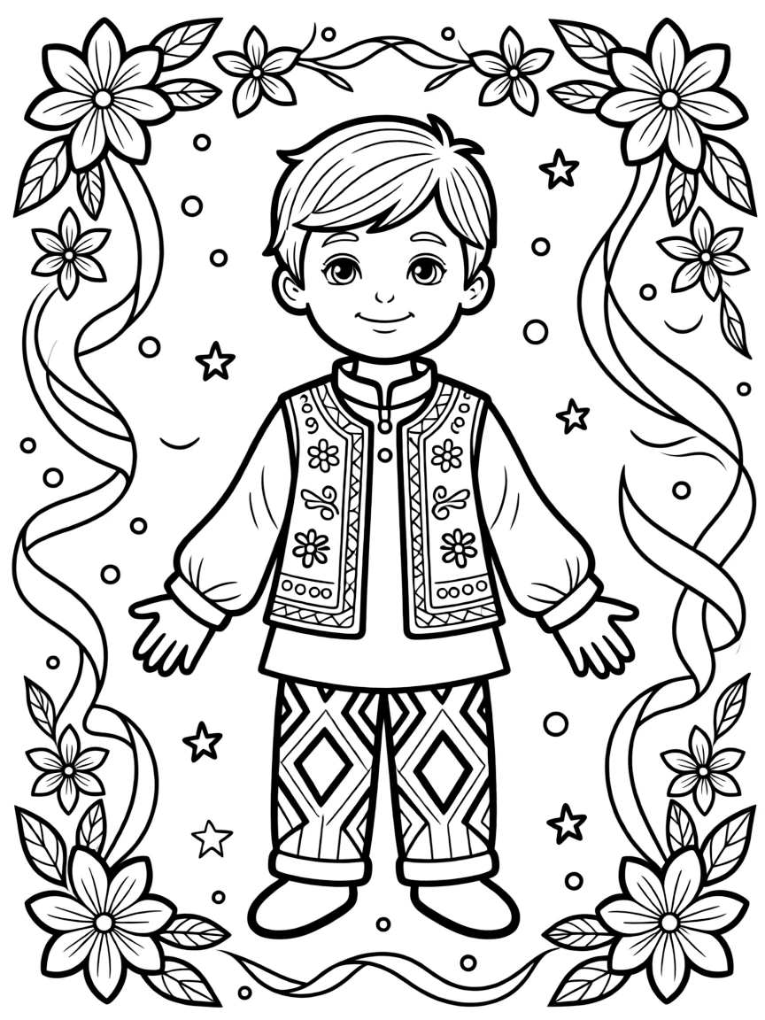 A coloring page from Iran showing a child wearing an embroidered vest over colorful patterned trousers, posed for a festival photo with flowers and ribbons decorating the background.