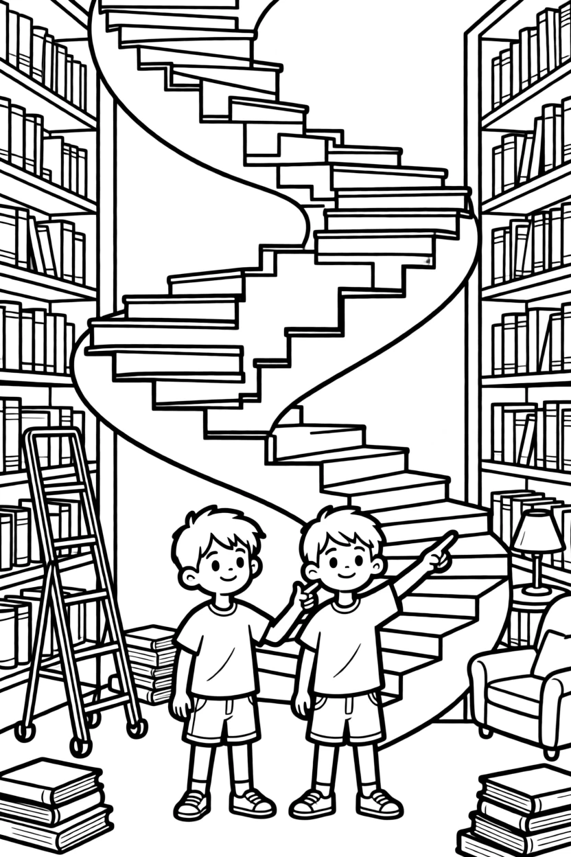 proud twin brothers explore a library where staircases rearrange themselves like a puzzle.