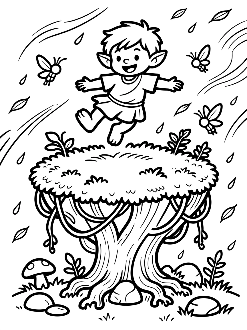 [Fantasy Creatures] A dynamic scene shows a friendly forest troll soaring above a magical forest atop a floating mossy island, smiling proudly. Close by, glowing fireflies drift through the air. Twisting vines and roots add texture. The moment unfolds just after a rainstorm, with dust kicked up by the wind, filled with energetic detail perfect for a young colorist.