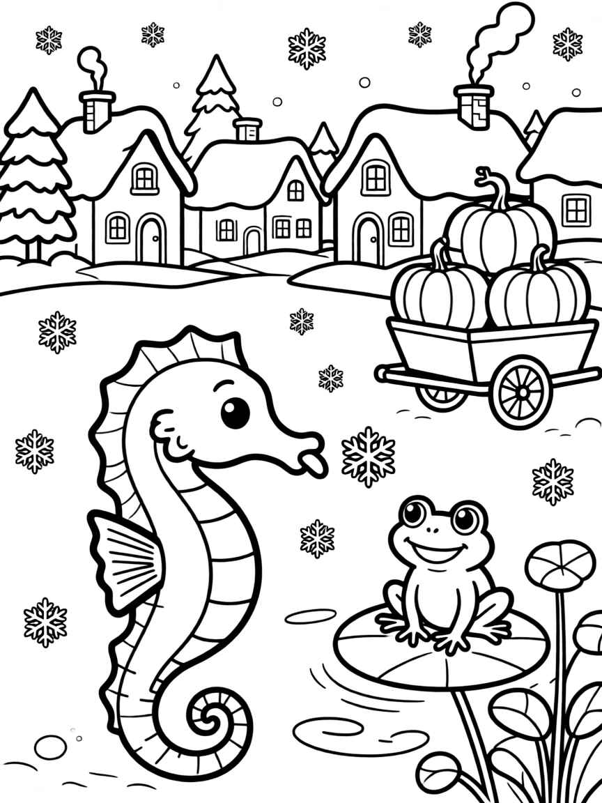 A curious seahorse is catching snowflakes on an outstretched tongue in a snow-covered winter village. Scattered nearby, a wagon piled high with pumpkins and a friendly frog perched on a lily pad complete the joyful scene.