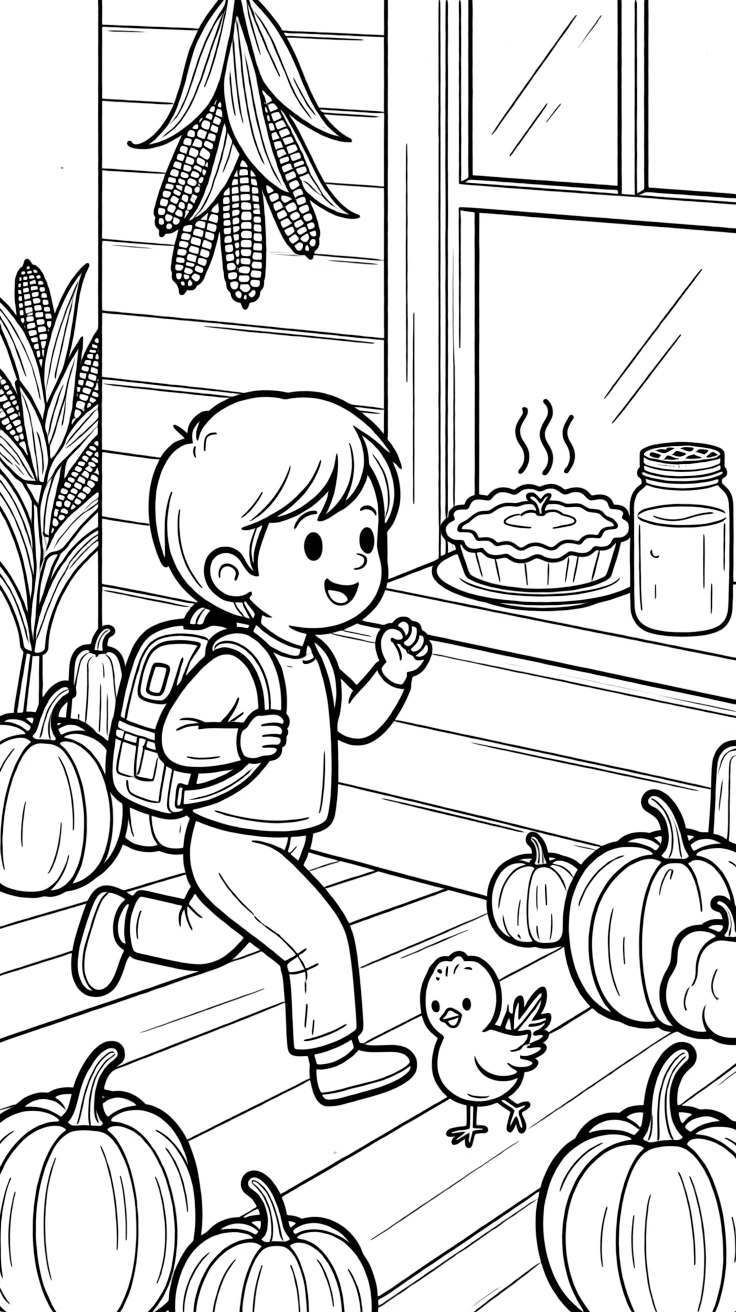 A child skipping to school with a new backpack on a porch decorated with gourds and dried corn husks, alongside a tiny chick and a warm apple pie cooling on a windowsill, with a mason jar of cider close by.