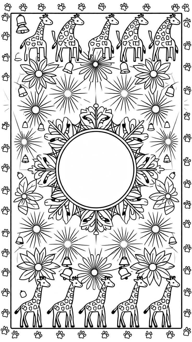 Zoo & Safari Animals: The page centers on a repeating motif of a giraffe with a long patterned neck, built around a snowflake-shaped mandala with six symmetrical arms. The motif is shown marching in a repeating row all the way around the border of the page, framing an open medallion left blank in the center. Decorative details fill the surrounding space, including rays fanning out like a small sunburst, clusters of tiny bells, and layered leaf clusters woven throughout the background. A playful extra touch completes the page: a trail of small paw prints wandering along the outer edge.