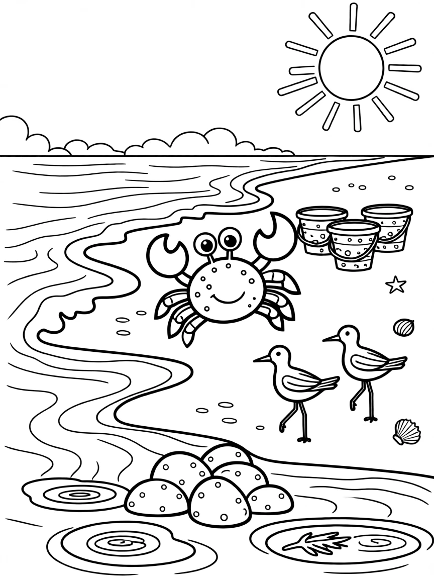 [Sandy Beaches] A friendly crab scuttles sideways across the sand, dodging a row of colorful beach buckets. Sandpipers dash along the shoreline, chasing the retreating waves. Rolling waves crash near a cluster of smooth rocks dotted with barnacles and tide pools. A warm breeze carries the scent of salt water beneath a bright midday sun.