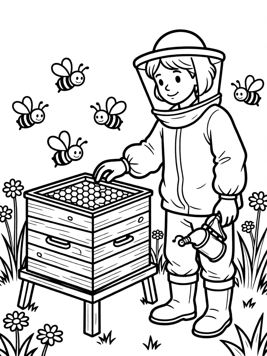 A beekeeper checks a buzzing hive while wearing a protective suit and veil.